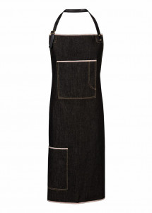 Lange Latzschürze in Schwarz mit weißer Paspel