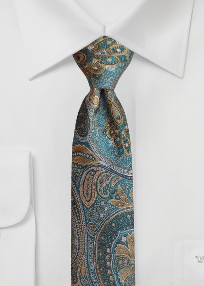 Schmale Krawatte Paisleymotiv Braun Türkis Mikrofaser