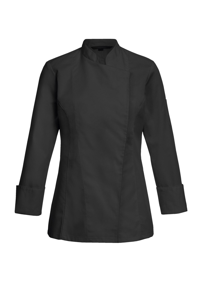 Damen-Kochjacke in Lang mit Druckknöpfen (Schwarz)