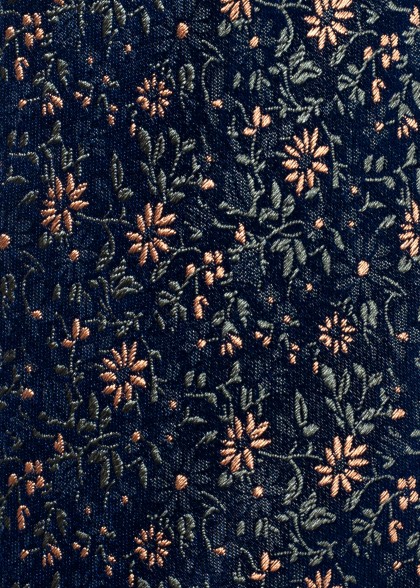 Seidenkrawatte in Nachtblau mit Blumenmotiv in Grün und Kupfer Stoffbild