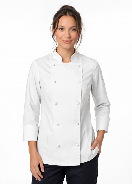 Damen-Kochjacke in Weiß mit Kugelknöpfen Model
