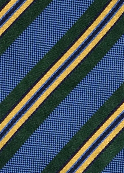 Clubkrawatte mit Streifen in Blau, Dunkelgrün und Gold Stoffansicht