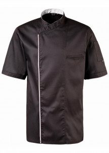 Schwarze Kochjacke (halbarm) Paspel in Weiß