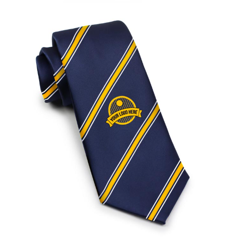 Foto von einer dunkelblauen Krawatte mit eingewebtem Muster und Logo